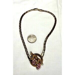 Vintage Mid Century Gold Tone Pink Rhinestone Floral Pendant Choker Necklace